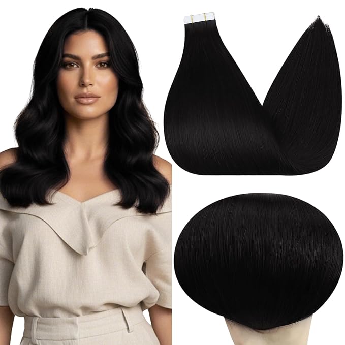 Full Shine Black Tape in Extensions Real Human Hair 18Inch Invisible Tape in Hair Extensions Color 1 Jet Black Real Remy Soft Human Hair 100G Seamless Skin Weft Hair Extensions 40Pcs Add Volume
