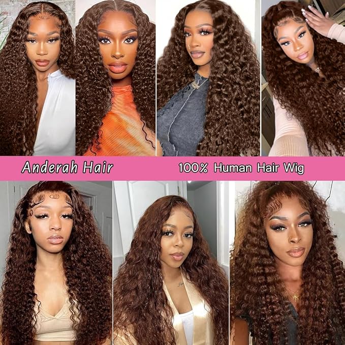 Anderah 30Inch Chocolate Brown Deep Wave Lace Front Wigs Human Hair 200 Density 13x6 HD Lace Frontal Wigs Curly Human Hair Wig For Women Pre Plucked with Natural Hairline 4# Brown Color