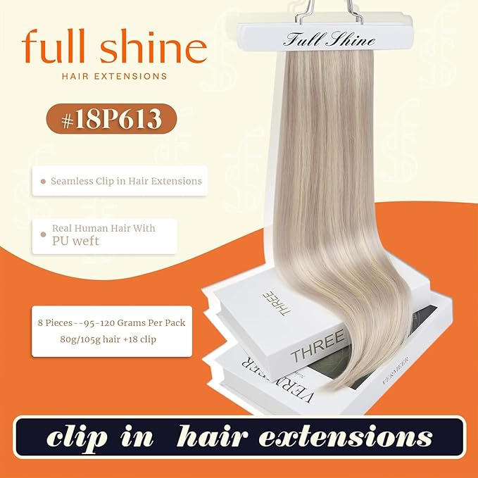 Full Shine Clip in Hair Extensions Ash Blonde Highlight Bleach Blonde Seamless Clip in Human Hair Extensions 16 Inch Human Hair Extensions With Highlights PU Clip in Extension 120 Grams 8 Pcs