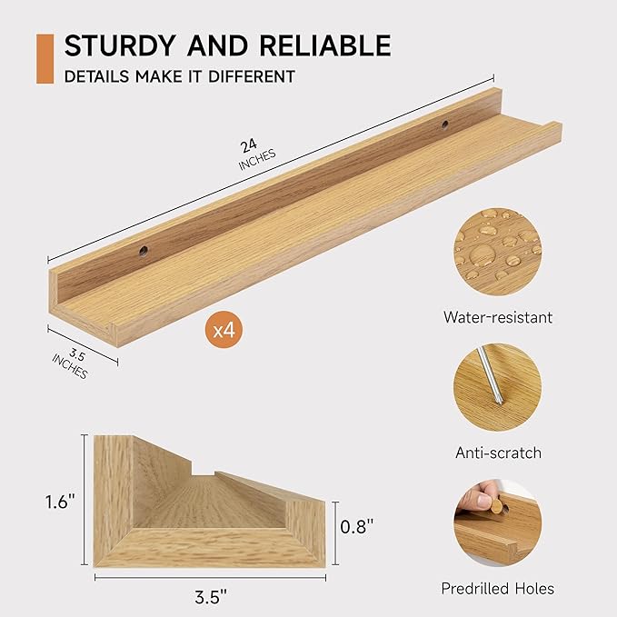 Picture Ledge Shelf for Wall, Floating Shelves Set of 4, 24 Inch Long Nursery Book Shelves for Toys Storage, Kids Bookshelf Wall Mounted for Books Photo Frames, Oak