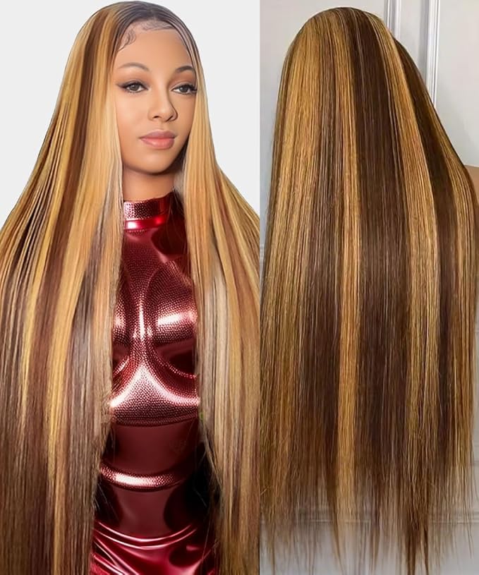 32 Inch Ombre Lace Front Wig Human Hair 13x6 HD Lace Frontal Straight Wigs Human Hair Pre Plucked 200 Density 4/27 Brown Highlight Wigs Colored Longer Life No Tangle No Shedding