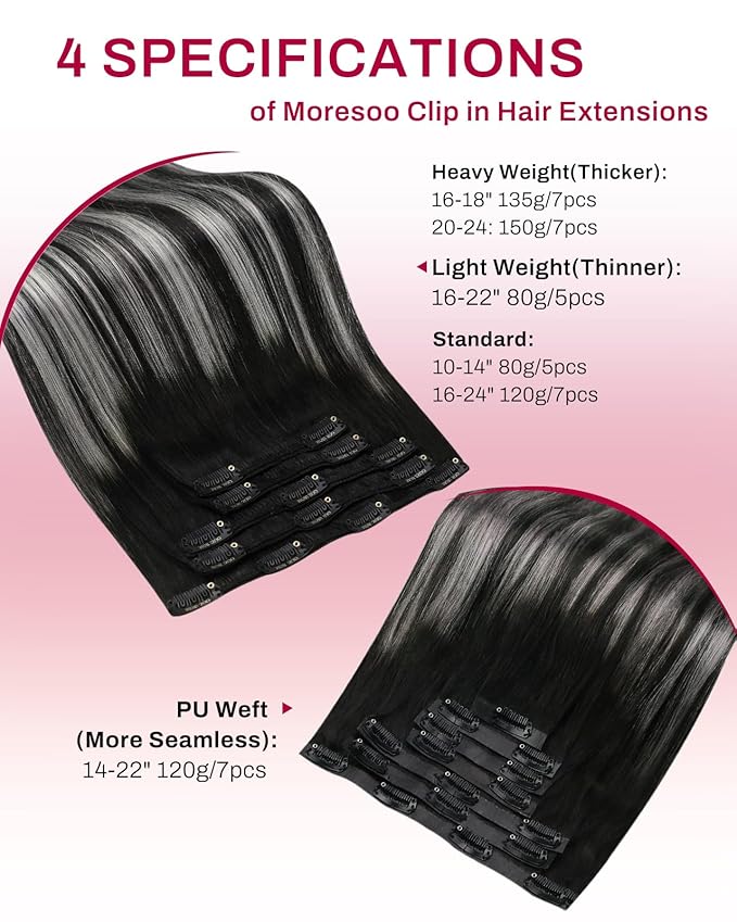 Moresoo Clip in Hair Extensions Human Hair Black to Silver Ombre Hair Extensions Clip ins Long Balayage Natural Black to Silver Grey Double Weft for Women Straight Remy Human Hair 80g/5pcs 20 Inch