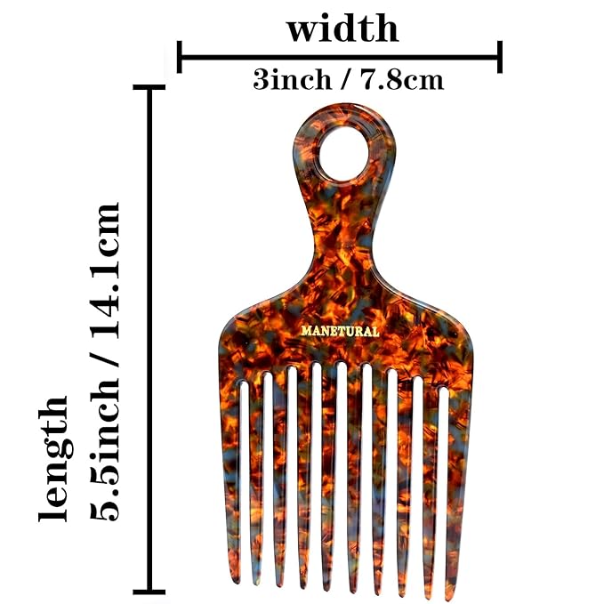 14N Long Tooth Hair Comb, Handmade Saw Cut Hand Polished, Cellulose Acetate, for Women, Kids, and Men, Afro Hair Lift Combs, Beard Pick, Tortoise A, Curly Hair