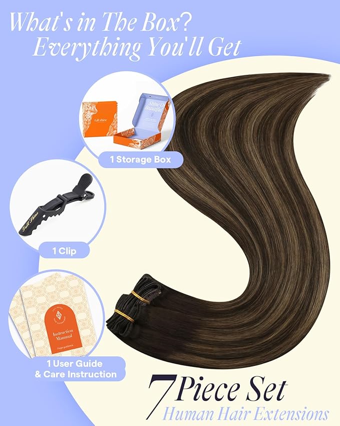 Full Shine Clip on Hair Extensions 180 G 20 Inch Dark Brown to Light Brown Hair Extensions Clip in for Styling 7 Pcs
