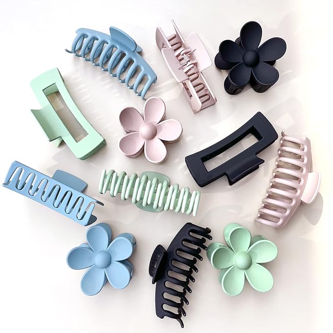 Large Hair Claw Clips 12 Pack, Flower Hair Clips for Thin Hair, Big Square Matte Strong hold for Thick Hair, 3 Styles Hair Clips for Women Thick Hair 4 Colors