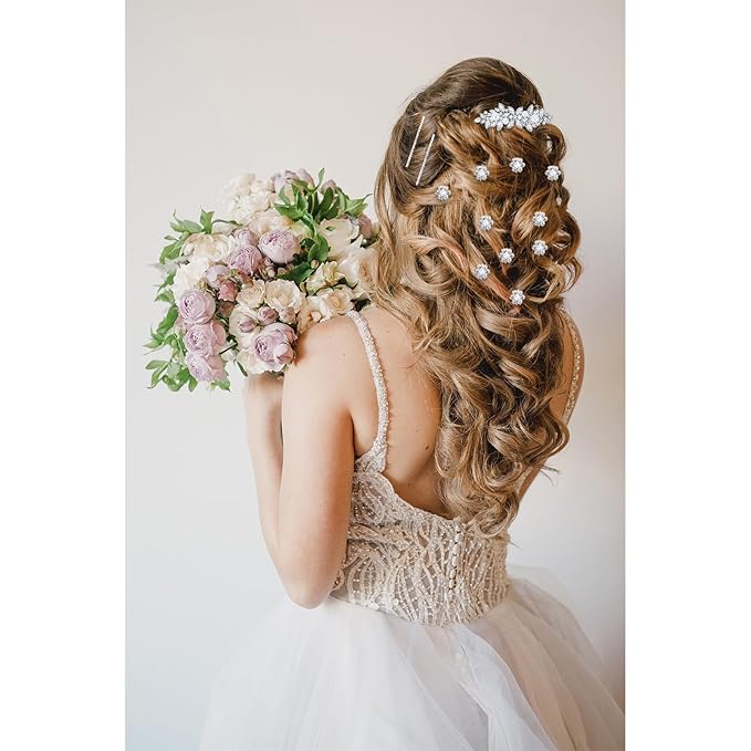 13 Pieces Rhinestone Hair Clips, Including10 Silver Mini Flower Hair Clips, 2 Pcs Crystal Bobby Pins, 1 Decorative Rhinestones Barrette with Pearls for Bride Women Flower Girls