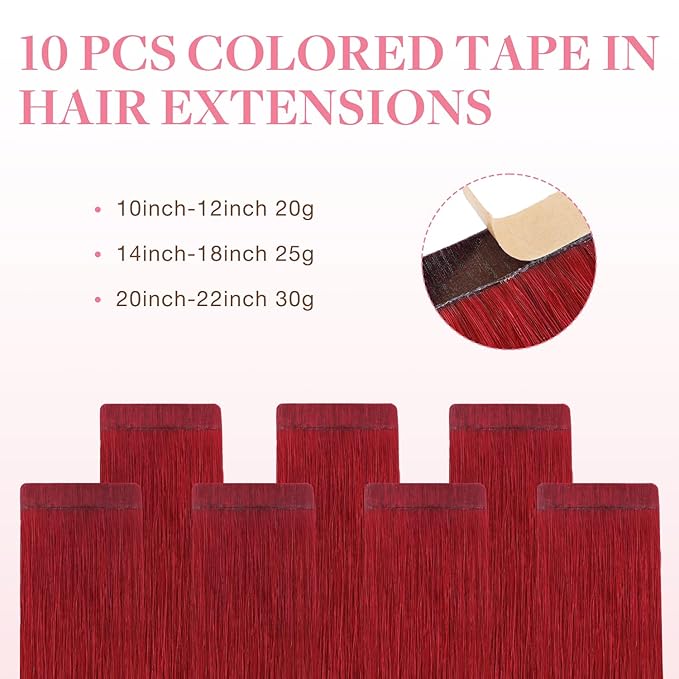 GOO GOO Tape in Hair Extensions Human Hair, Red, 12inch 20g 10pcs, Colored Tape ins Human Hair Extensions, Silky&Soft Invisible, Hair Highlighted for Party