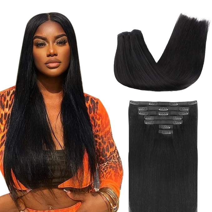 Lashey Seamless Clip in Hair Extensions Real Human Hair, 7pcs 110g Straight Remy Human Hair Extensions 14 Inch #1 Jet Black Natural Thick Clip in Hair Extensions for Black Women