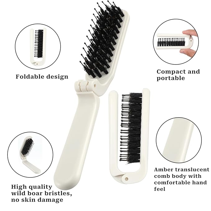 Foldable Hair Brush, Mini Portable Pocket Travel Boar Bristles Brush for Thin Thick Curly Wet Dry Hair, Folding Compact Size, Vacation Friendly