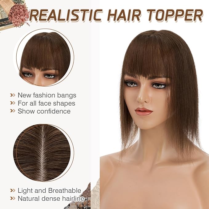 Rich Choices Hair Toppers for Women Real Human Hair 100% Remy Human Hairs Topper With Bang for Thinning Hairs Clip in Silk Base Topper 12 Inch #4 Medium Brown