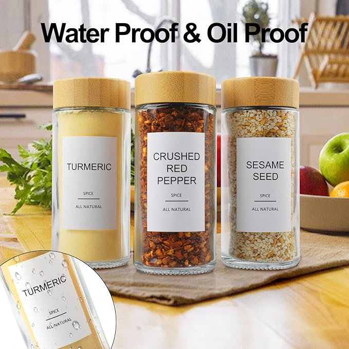 AISIPRIN Glass Spice Jars with 398 Labels-4oz 24 Pcs,Round Seasoning Jars with Bamboo Airtight Lids,Spice Container Set -Shaker Lids, Funnel,Brush and Marker Included