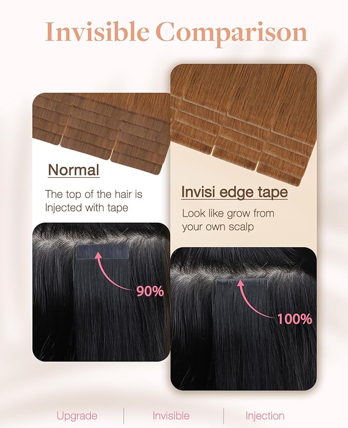GOO GOO Invisi Edge Tape in Hair Extensions Human Hair, 350 Copper, 20pcs 18inch 50g, Virgin Remy Hair, Seamless Injected Tape, Natural Look
