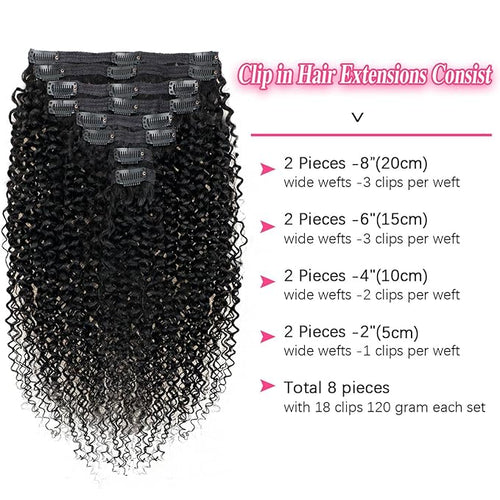 18 Inch Kinky Curly Clip in Extensions Human Hair 3C 4A Curly Clip Ins Full Head for Women Brazilian Remy Human Hair Natural Color 8 Pcs with 18 Clips 120g/Set (18 inch)
