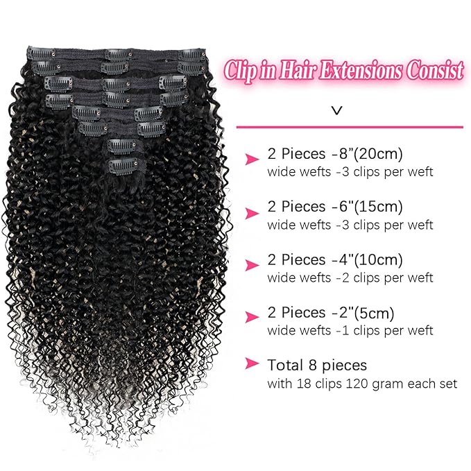 20 inch 3c 4a Kinky Curly Clip ins Real Human Hair for Full Head Full Curly Clip on Hair Extensions Natural Black Color Clip in Hair For Women 120g/pack(20inch,#1B)