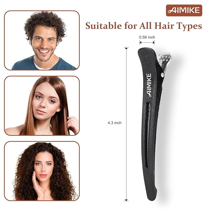 AIMIKE 4pcs Professional Hair Clips for Styling Sectioning, Non Slip No-Trace Duckbill Hair Clips w/Silicone Band, Salon and Home Hair Cutting Clips for Hairdresser, Women, Men - White & Black 4.3”