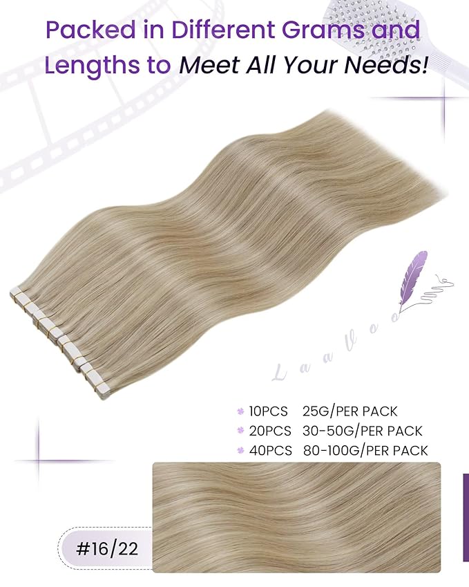 LaaVoo Tape in Human Hair Extensions Dark Ash Blonde Highlighted with Light Blonde Tape in Hair Extensions Seamless 40pcs 100g 14 Inch