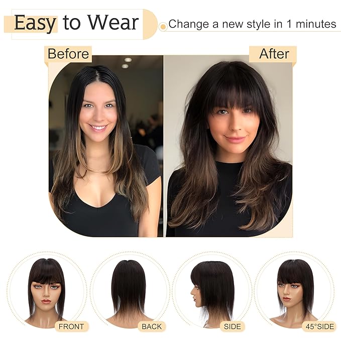 SEGO Hair Toppers for Women Real Human Hair With Bangs, 7 * 13CM Silk Base 100% Remy Human Hair Clip in Top Wiglet Hairpieces Add Volume -6 Inch Natural Black