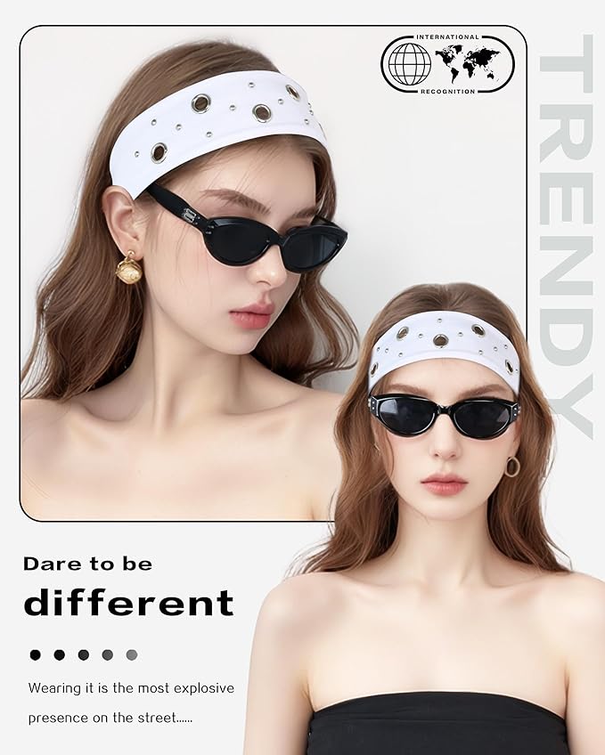 Grommet Headband for Women, White Round Studs 23cm Hollow Out Elastic Hair Band, Eyelets Punk Grunge Stylish Hairband
