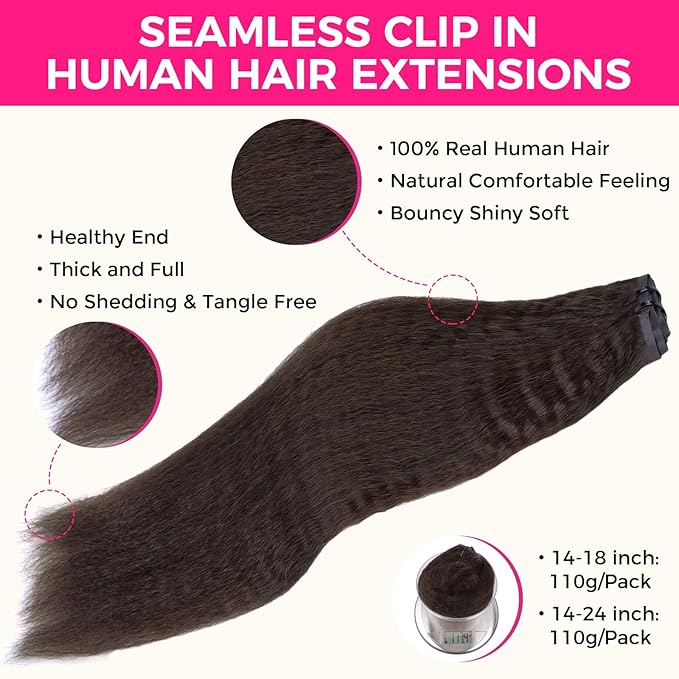 Lashey Seamless Clip in Hair Extensions Human Hair #2 Dark Brown Kinky Straight 7 Pcs 110g 14 Inch Soft Flat PU Weft Real Human Hair Clip in for Women