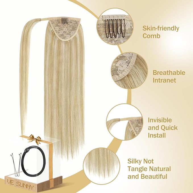 Ve Sunny Hair Extensions Ponytail Real Human Hair 80G Wrap Around Clip in Ponytail Hair Extensions Straight Extensions Human Hair for Women Strawberry Honey Blonde Highlights Bleach Blonde 14inch