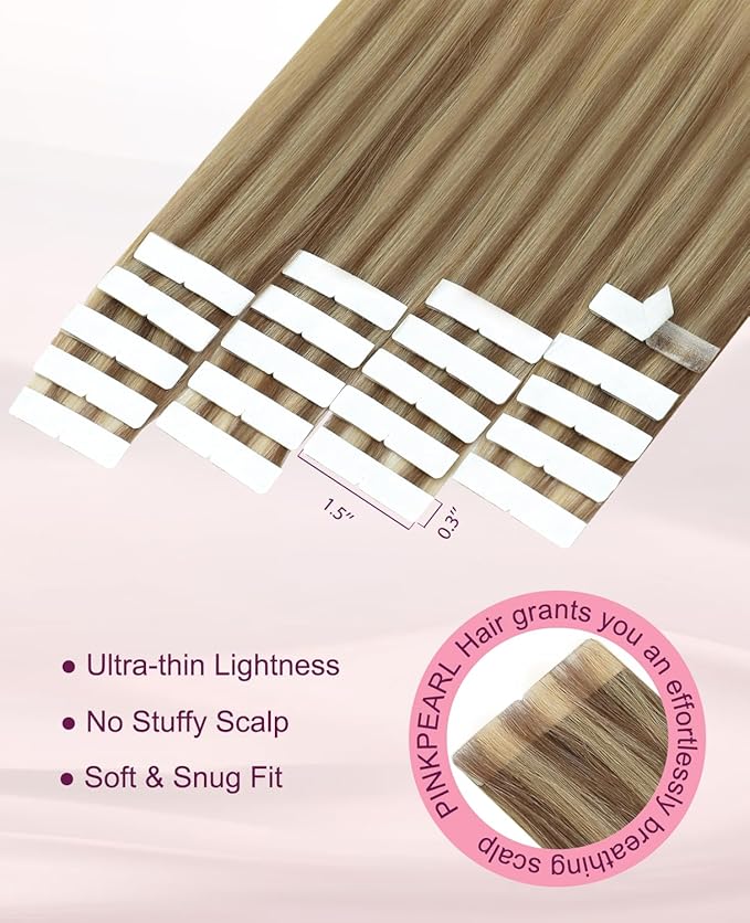 Pinkpearl Invisible Tape in Hair Extensions Human Hair, 20pcs 18inch 50g #10/27/27 Golden Brown to Caramel Blonde Injection Tape in Extensions Real Remy Seamless Human Hair Injected