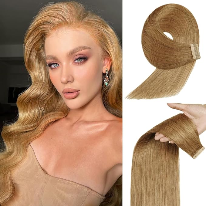 Honey Blonde Tape in Hair Extensions Human Hair, 20pcs 16 Inch Remy Hair Extensions Straight Human Hair Tape in Extensions Skin Weft Tape In (27#,16 Inch)