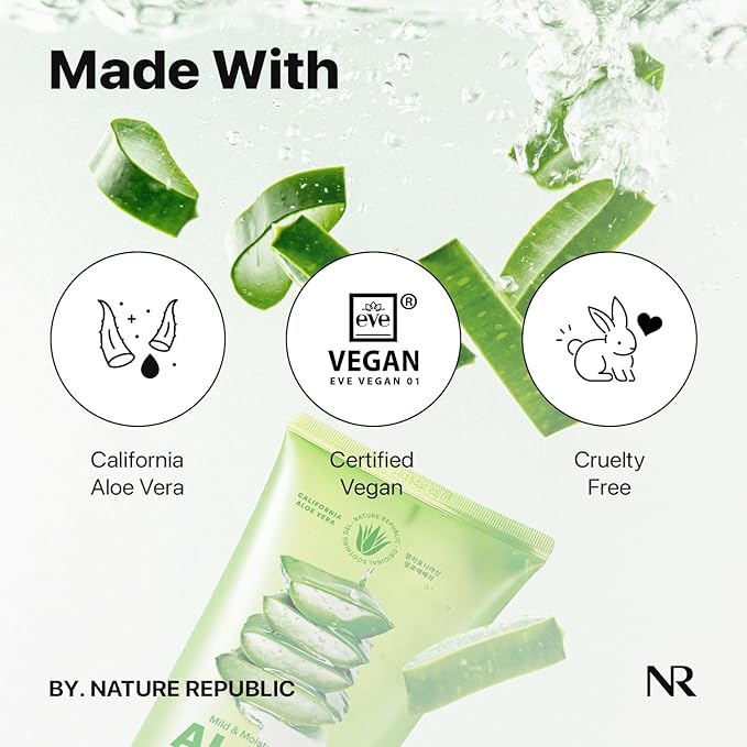 Nature Republic MILD & MOISTURE ALOE VERA WATERY GEL (TUBE 2 pack) Quick Hydration & fast absorbing non-sticky texture, aftersun cooling pack, korean skin care All Skin Types