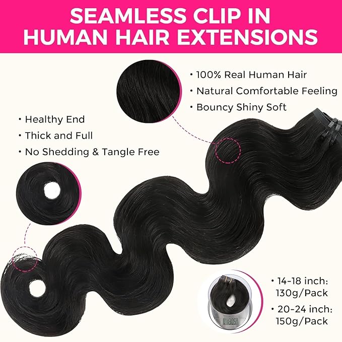 Lashey Seamless Clip in Hair Extensions Human Hair 9pcs 130g Body Wave 16 Inch Natural Black Clip in Hair Extensions for Women