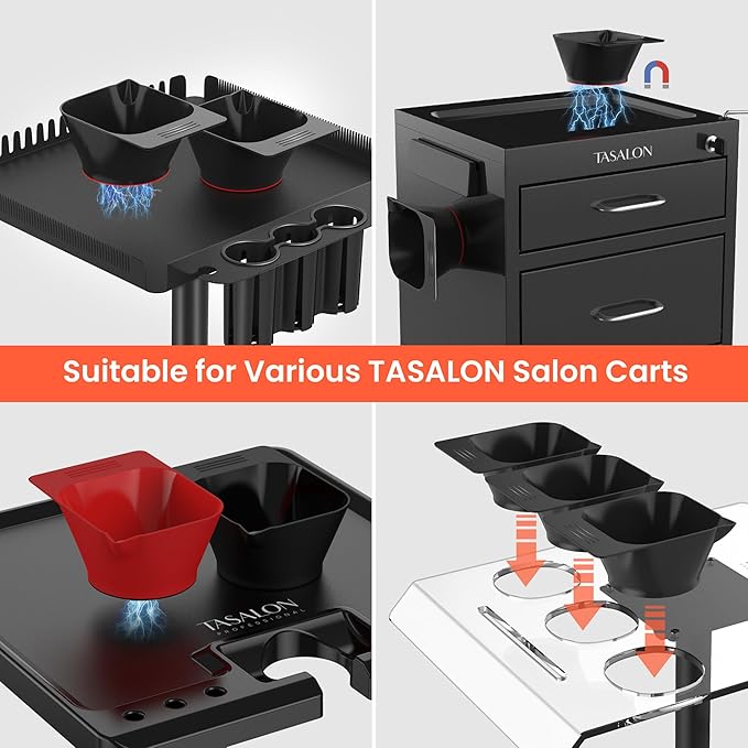 TASALON 2 Piece Magnetic Plastic Hair Dye Mixing Bowls Set, Beauty Salon and Barber Styling Bowls for Hairstylists, Black