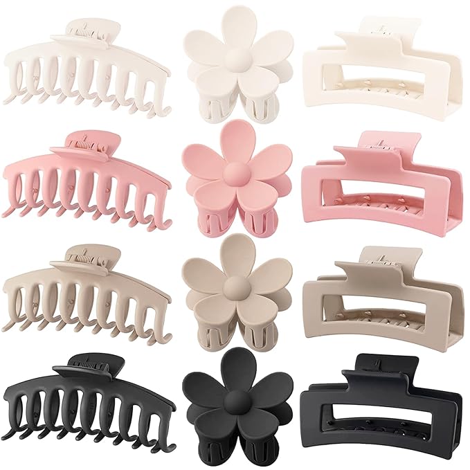 Large Hair Claw Clips, 12 Pack Flower Hair Clips for Thick Hair, Big Square Matte Strong hold for Thin Hair, 3 Styles Claw Hair Clips for Thick Hair
