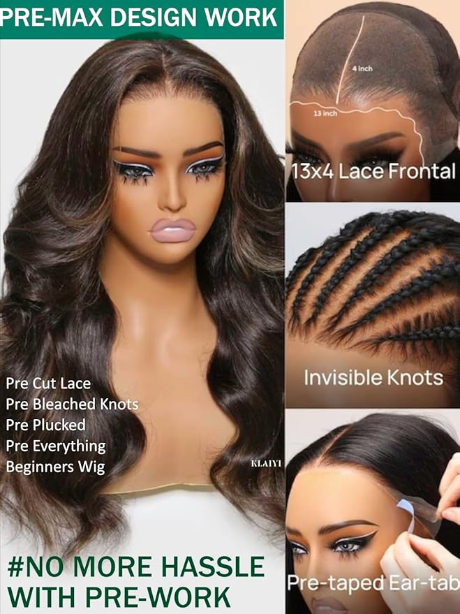 KLAIYI 13x4 Pre Everything Lace Front Chocolate Brown With Highlights Loose Body Wave Wig Human Hair Pre Cut Lace Pre Bleached Bye Bye Knots Pre Plucked Ombre Glueless Wear Go Wig Ready to Wear 26Inch
