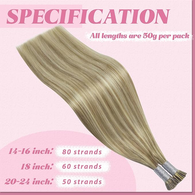 YoungSee I Tip Extensions Brown Highlight Itip Human Hair Extensions Light Brown Highlights Blonde I Tip Hair Extensions Human Hair 14 Inch 80s 50g I-Tips Extension Real Human Hair For Short Hair