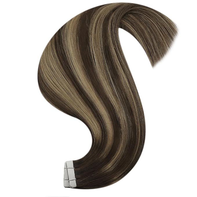 YoungSee Balayage Tape in Hair Extensions Brown Human Hair Tape in Extensions Dark Brown with Blonde Ombre Hair Extension Real Human Hair Tape-in for Girls 20 Inch 20pcs 50g