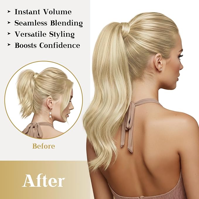 Ve Sunny Hair Extensions Ponytail Real Human Hair Wrap Around Clip in Ponytail Hair Extensions Straight Extensions Human Hair for Women Strawberry Honey Blonde Highlights Bleach Blonde 16inch 80G