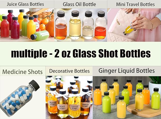 DIDITIME 12 Pack 2 oz Small Clear Glass Bottles with Lids & 2 Funnels - 60ml Boston Round Sample Bottles for Potion, Juice, Ginger Shots, Oils, Whiskey, Wellness Shots, Mini Travel Bottles