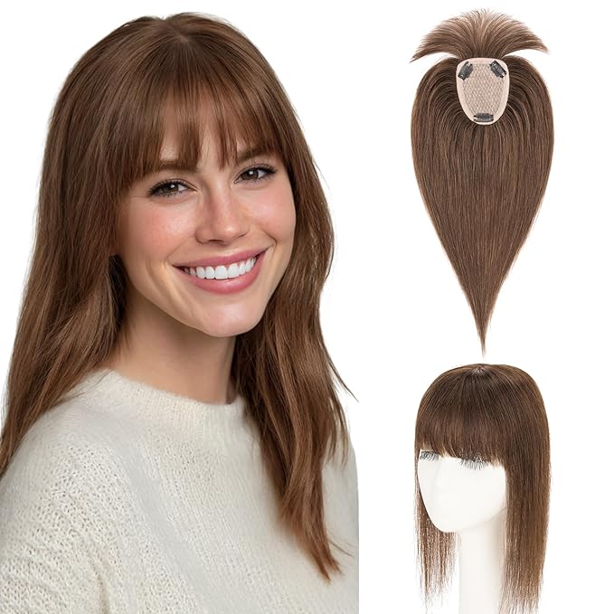 Hairro Human Hair Toppers with Wispy Bangs, 3.5x4.7" Hand-wovened Base for Women with Thinning Hair, Lightweight & Breathable Realistic Scalp, Clip-in Hairpieces for Easy Wear, 14 Inch Dark Brown