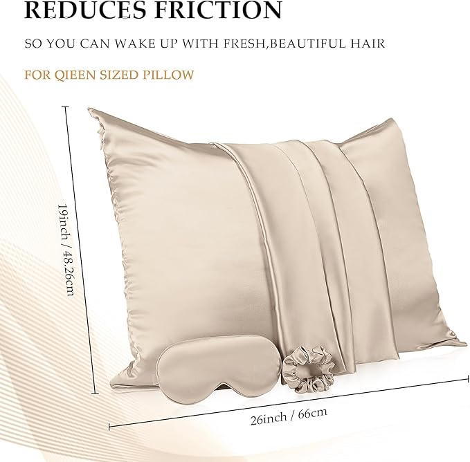 2 Pack Satin Pillowcase with Hidden Zipper, Adjustable Satin Eye Mask for Sleeping and Satin Volume Scrunchie for Hair and Skin, Standard Size(Champagne,Classic Style)