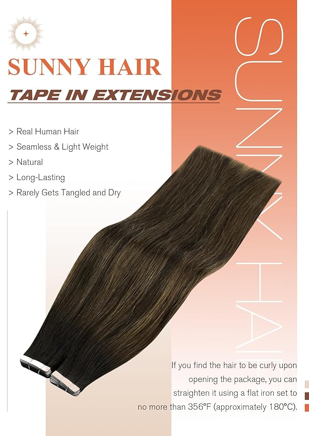 Sunny Hair Tape in Hair Extensions Human Hair 18 Inch Hair Extensions Real Human Hair Tape in Extensions for Women Darkest Brown Ombre Medium Brown Balayage Remy Hair Straight Skin Weft 40pcs 100g