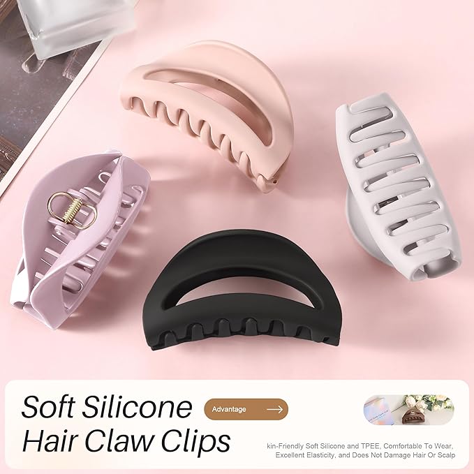 4Pcs Cloud Claw Clips for Women, 4.1" Non-Slip Strong Hold Hair Claws, Unbreakable TPEE-Silicone Blend, Large Bendable Cozy Hair Clip for Thin/Thick/Curly Hair, All-Day Comfort Matte Jaw Clip