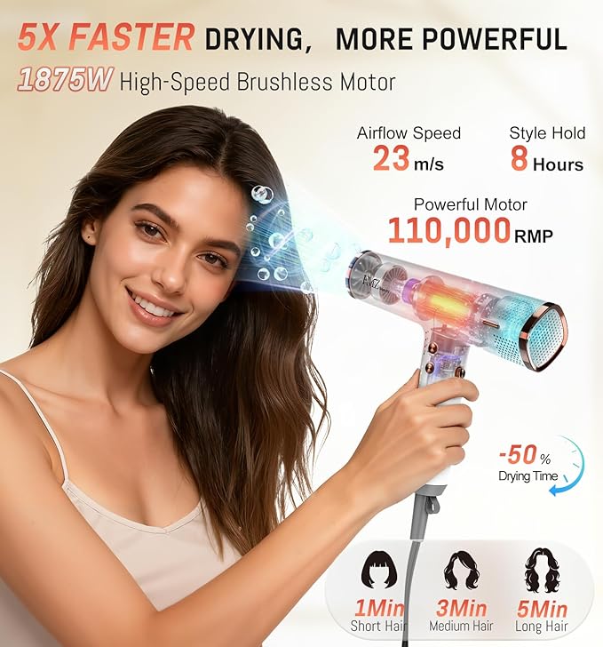 FMZ Professional Ionic Hair Blow Dryer with Diffuser, 1875W High Speed 110000RPM BLDC Motor for Fast Dryring, Portable Mini Lightweight and Quiet, Curly Hair Dryer for Women Men Home Salon Travel Gift