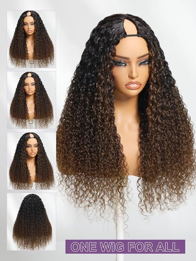 YIROO EasiContour V Part Ombre Brown Human Hair Wig Curly 12A Glueless Upgrade U Part Wig Ombre Black to Chestnut Brown No Leave Out V Shape Clip Wigs Ready to Go 150% Density Beginner Friendly 14Inch
