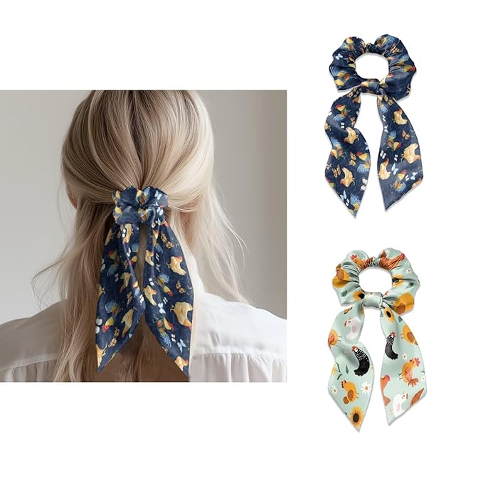 Rooster Scrunchies Hair Ties for Women Blue Green Pack of 2 Knotted Bow Hair Scrunchies Elastic Hair Scarf Red Ribbon Accessoey