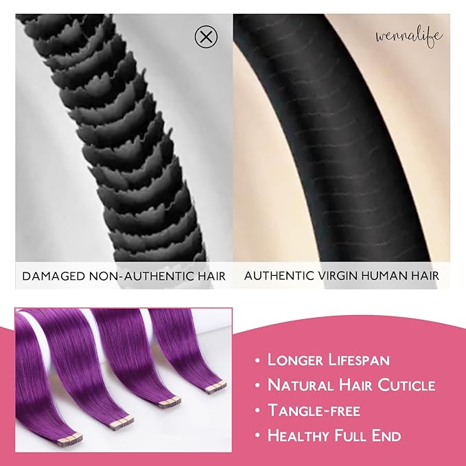 Wennalife Purple Tape in Hair Extensions, 10pcs 30g 26 inch Remy Invisible Tape Ins Straight Colored Soft Real Human Hair Tape in Extensions Refill Set Extensions