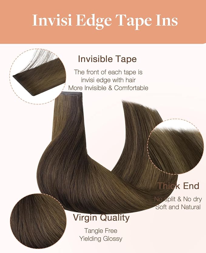 GOO GOO Invisi Edge Tape in Hair Extensions Human Hair, 2C/4E/6C Brown Sugar Swirl Highlights, 20pcs 24inch 50g, Virgin Remy Hair, Seamless Injected Tape, Natural Look