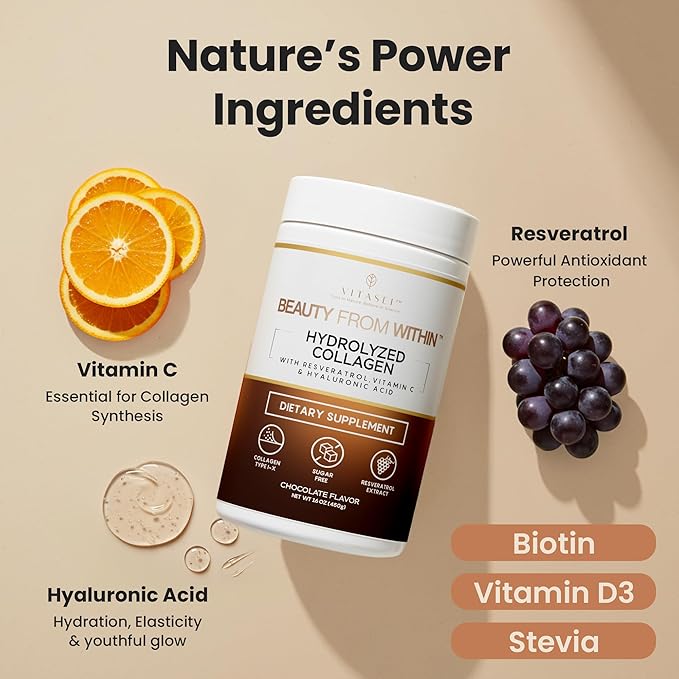 VITASEI Hydrolyzed Collagen Peptides Powder with Resveratrol & Vitamin C – Hair, Skin, Nails & Joint Support – Colágeno Hidrolizado for Women & Men – Delicious Chocolate Flavor, 16 oz (30 Servings)