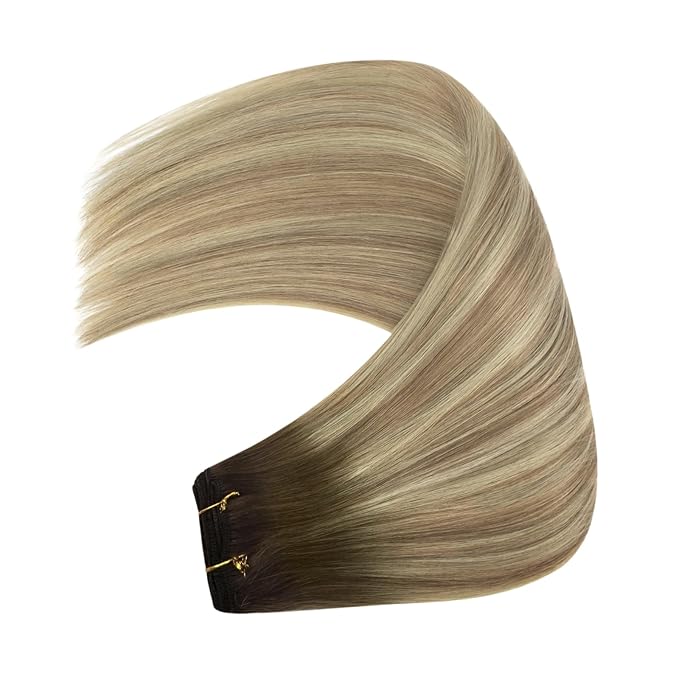 YoungSee Hair Extensions Weft Ombre Sew in Extensions Walnut Brown Ombre Light Brown with Blonde Balayage Double Weft Human Hair Extensions for Long Hair 22Inch 100G