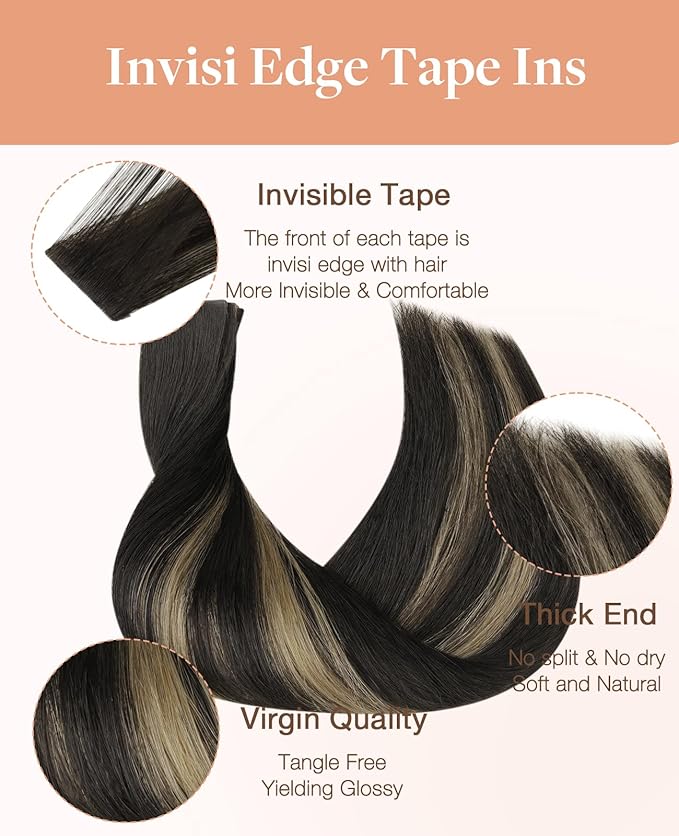 GOO GOO Invisi Edge Tape in Hair Extensions Human Hair, 1B/19/1B Natural Black to Light Blonde 10pcs injected with 10pcs classical tape ins, 14inch 50g, Virgin Remy Hair, Natural Look
