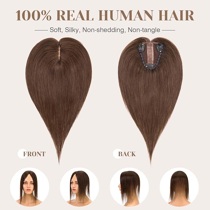 S-noilite Hair Toppers for Women Real Human Hair 3D 360° Cover Clip in 100% Real Human Hair Toppers 3″*4″ Clip in Silk Base 12 inch Dark Brown