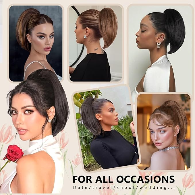 10 Inch Short Ponytail Extension - Soft Straight Pony Tails Hair Extensions, Claw Clip Ponytail Extension, Natural Short Hair Extensions Ponytail, Synthetic Hair Pieces for Women (Color: Black Brown)