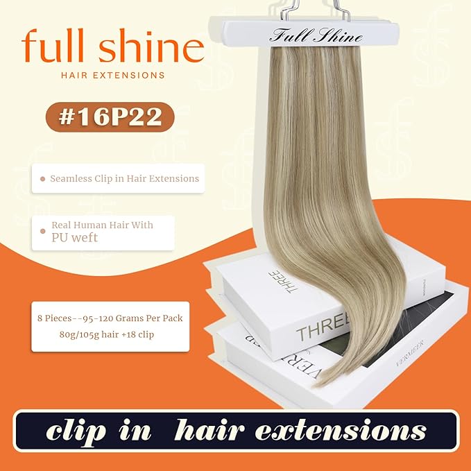 Full Shine Blonde Hair Extensions Real Human Hair Clip ins Golden Blonde Mix Light Blonde Natural Seamless Hair Extension for Women Add Volume 14 Inch 8 PCS 120 G
